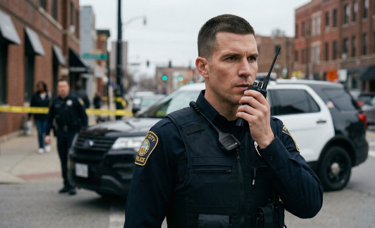 A police officer speaking into a handheld radio on a city street